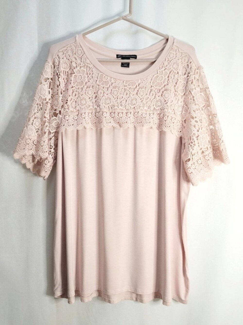 Adrianna Papell Blouse Women's XXL Pink Lace Crochet Short Sleeve Boho Cottage